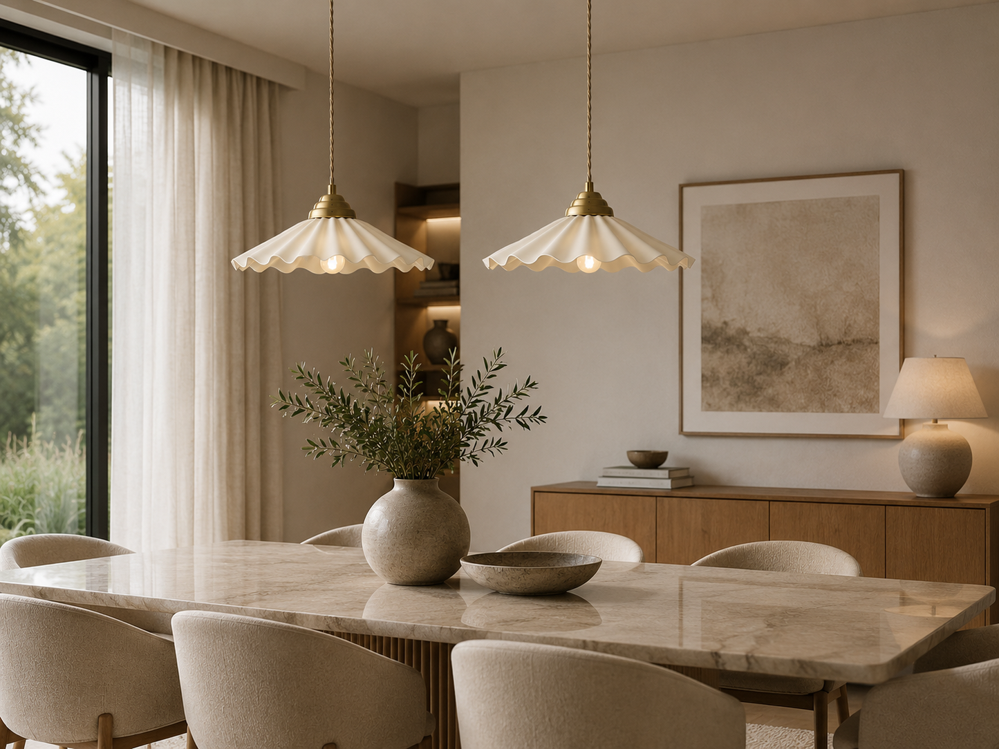 Luxury White ceramic pendant lights featuring at cozy dining space.