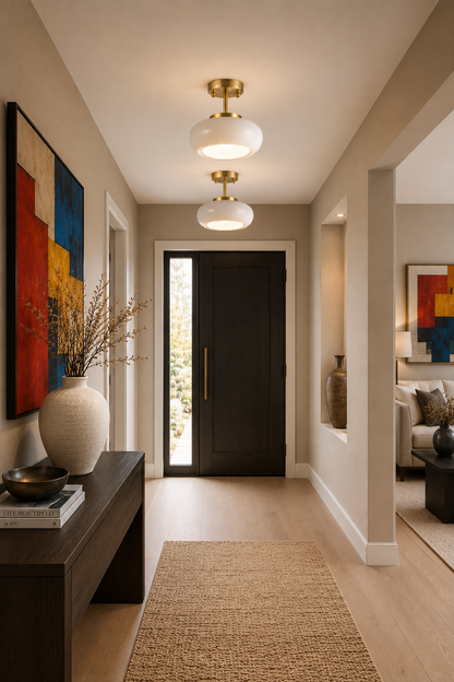 Two semi-flush mount ceiling lights for Hallway featuring white glass shades and gold brass accents.