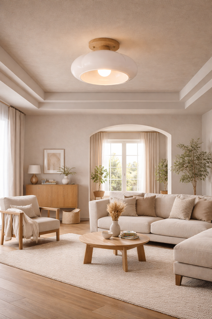 Large organic white statement ceiling light acting as a sculptural centerpiece in a contemporary living room