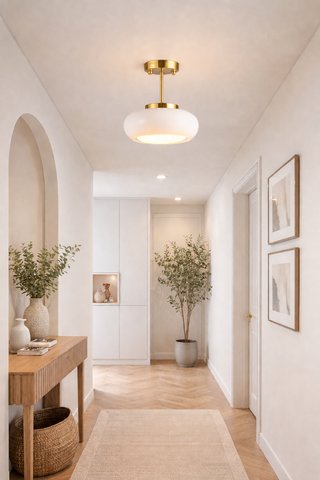 A modern semi-flush mount ceiling light fixture with a white frosted glass globe shade and a brushed gold brass canopy and stem, shown hanging in a bright, minimalist hallway with light wood floors and neutral walls.