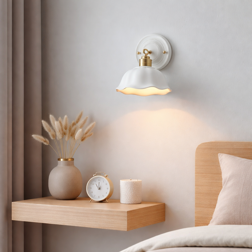 Bedside wall lamp with a white ceramic floral design and soft glow