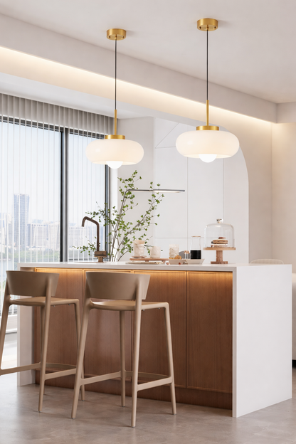 Modern white glass-brass  pendant light for kitchen island