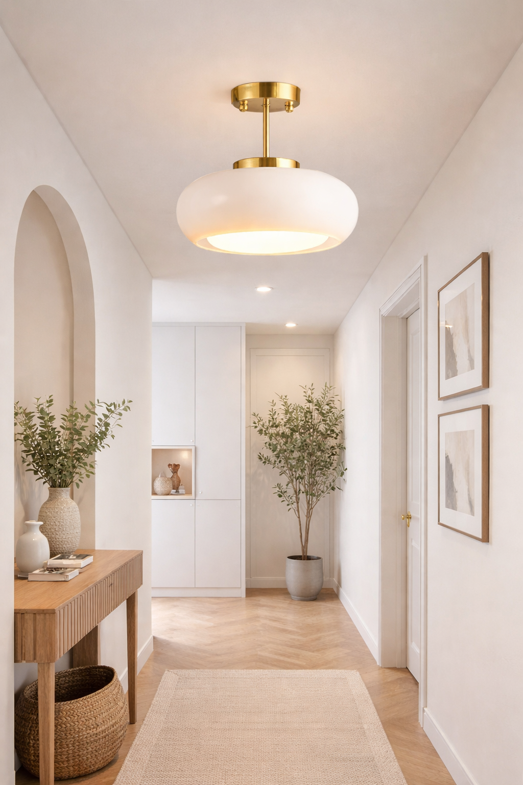 Snowflake white pendant light hanging in hallway ceiling