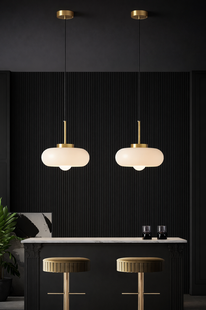 white pendant light over dining table