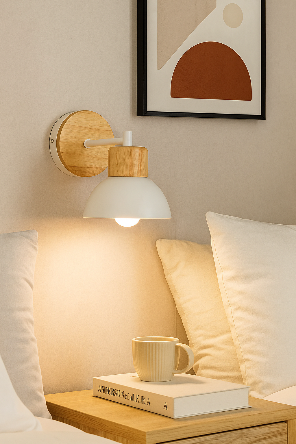 A simple, modern white wall lamp with a matte finish mounted directly onto a neutral-colored wall.