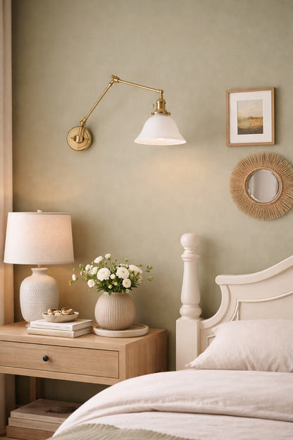 Bedroom decor featuring an adjustable brass swing arm lamp with white milk glass shade, ideal bedside wall lighting